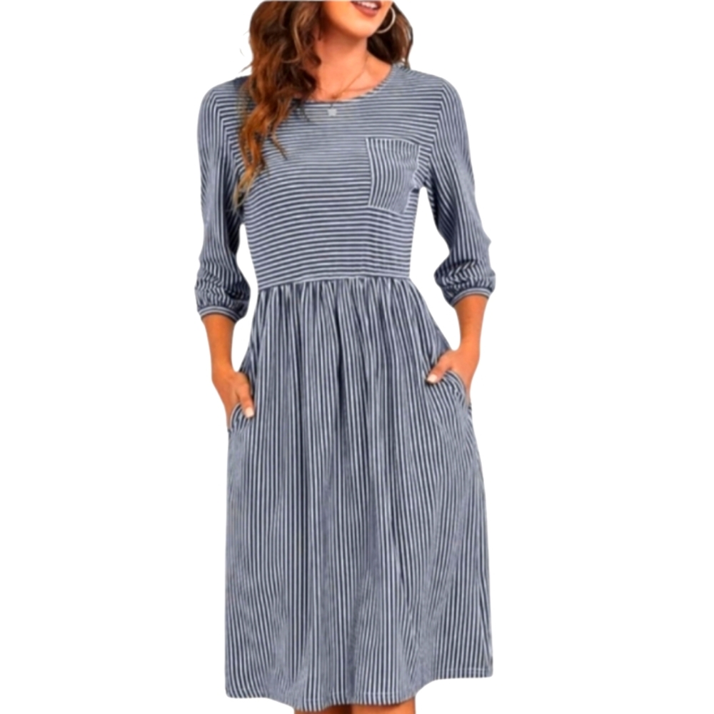 Pocket Tee Dress Striped Midi High Waist Stretch Balloon Sleeve Navy White NEW
